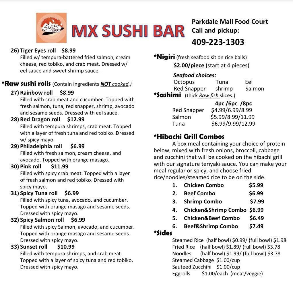 Mx Sushi Bar Menu Page Two