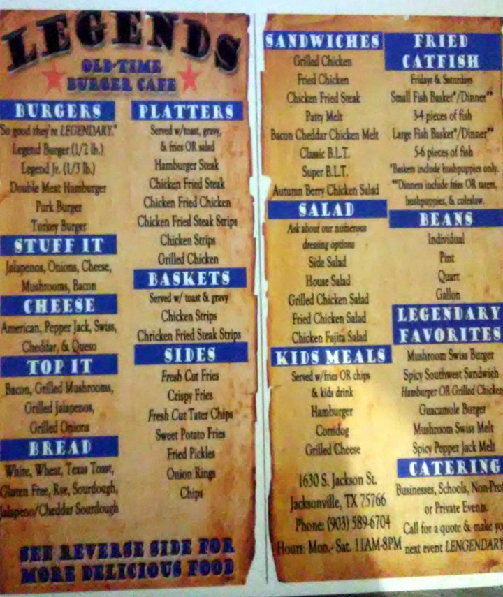 Legends Old Time Burger Cafe- Menu- Jacksonville – Menutex