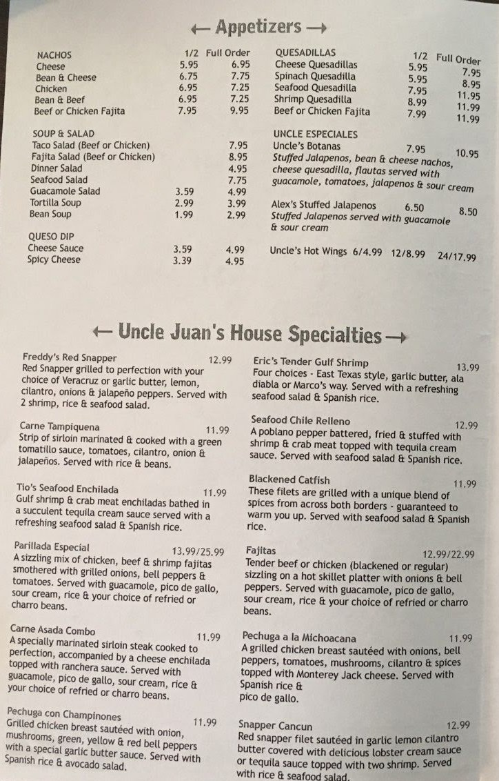 Uncle Juan's Mexican Restaurant Menu Page Two