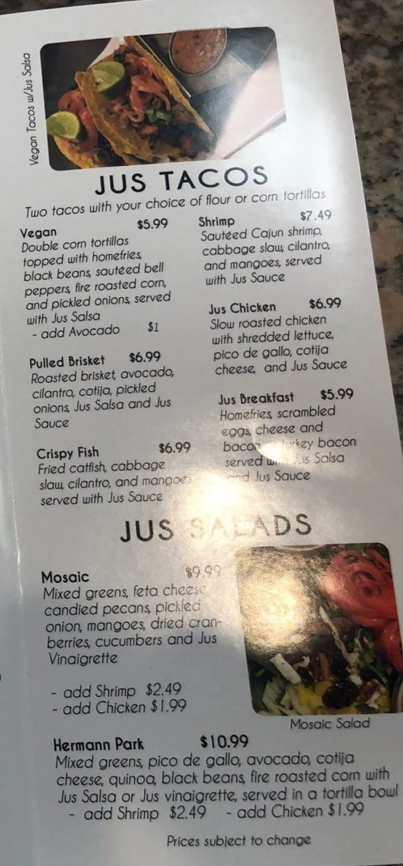 jus grill houston Texas- menu - Menutex