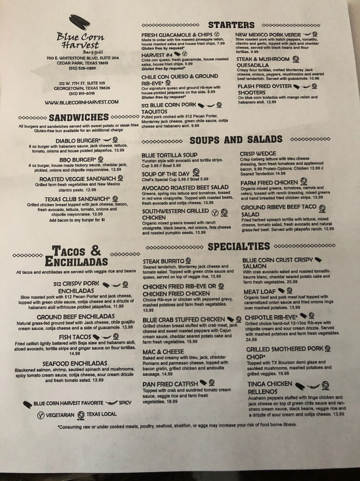 Blue Corn Harvest Bar & Grill - Menu - Cedar Park - Menutex